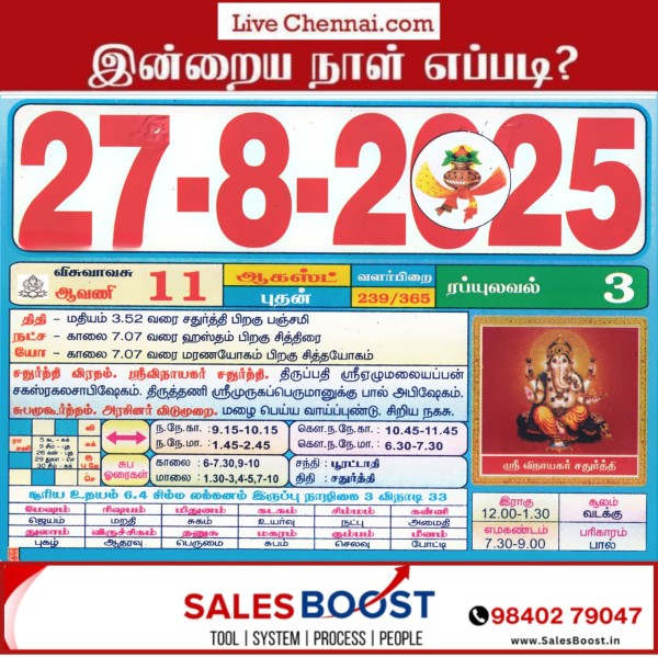 Auspicious (Nalla Neram) time today (Aug 27th)